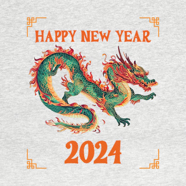 Fantasy Dragon: Happy New Year 2024 in Green, Orange, Red & Yellow! by YUED